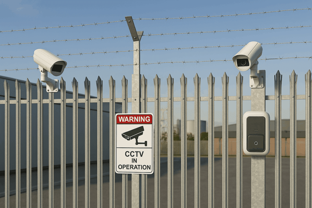 Industrial perimeter fence with barbed wire, two CCTV cameras and a warning sign stating ‘CCTV in operation.
