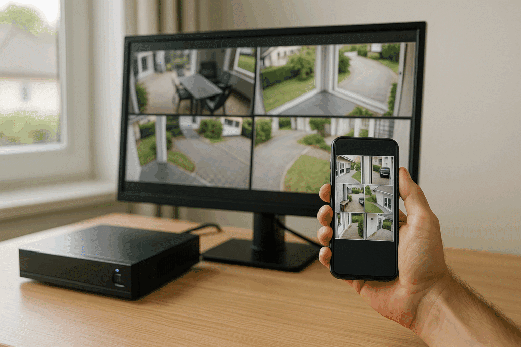 Hand holding a smartphone with live CCTV feeds in front of a monitor and NVR on a desk in a bright home office.