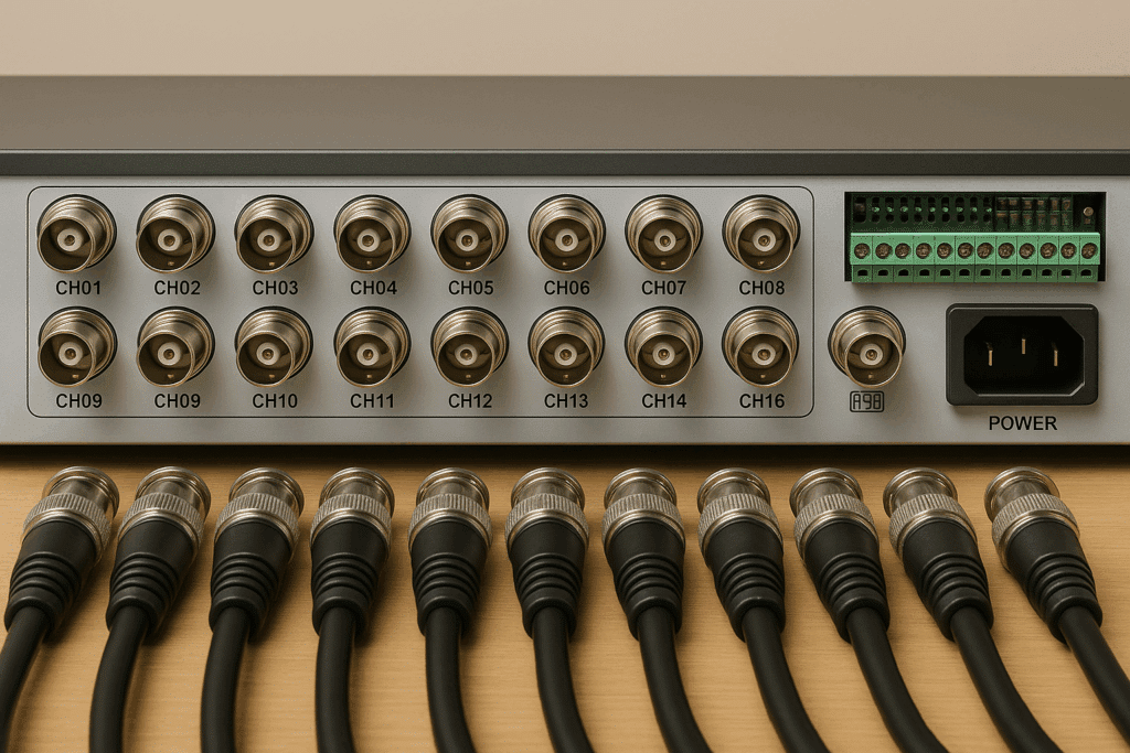 Rear of 16-channel HD DVR showing labelled BNC inputs with connected coax cables and power terminal.