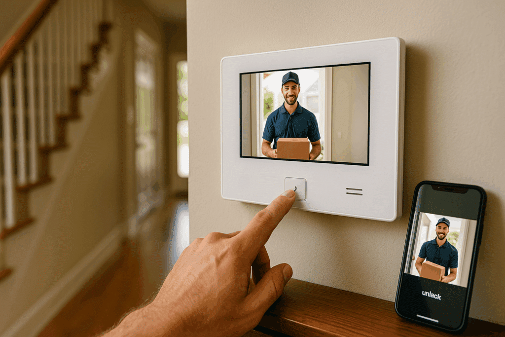 Indoor video intercom monitor shows a delivery driver at the door while a hand presses the unlock button and the same feed appears on a smartphone.