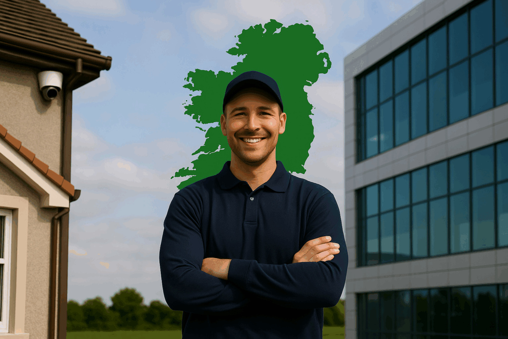 Beacon Security technician standing outdoors with arms crossed, wearing a navy uniform and cap, with a green map of Ireland and buildings behind him.