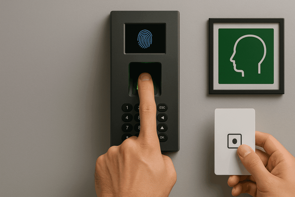 Finger pressing a biometric fingerprint scanner while a second hand holds an RFID access card near the reader, mounted on a grey wall beside a green access control sign.